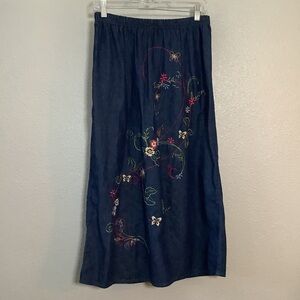 Vintage Y2K Denim Embroidered Butterfly Cottagecore Midi Skirt LP Casual Spring